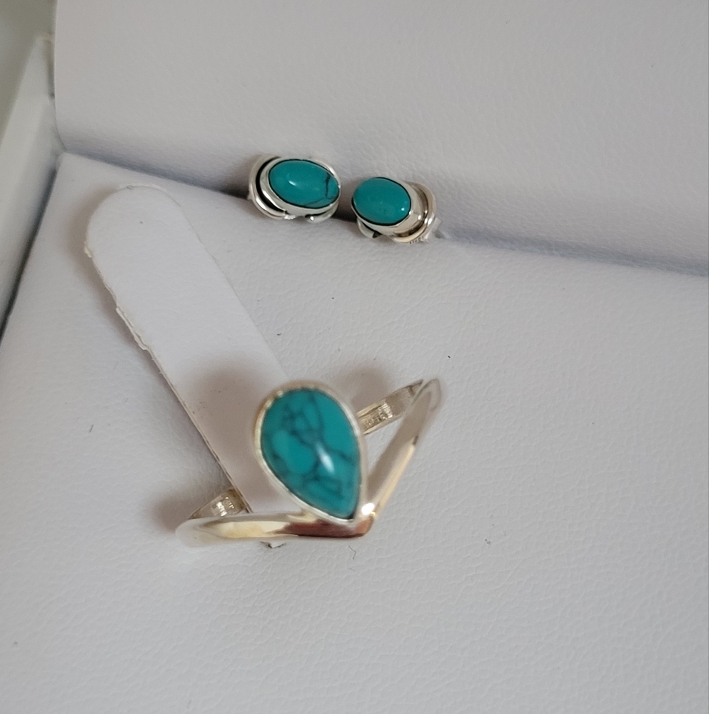 925 Silver Ring & Earring Set Both With Kingsman Turquoise, Ring Size 8.5